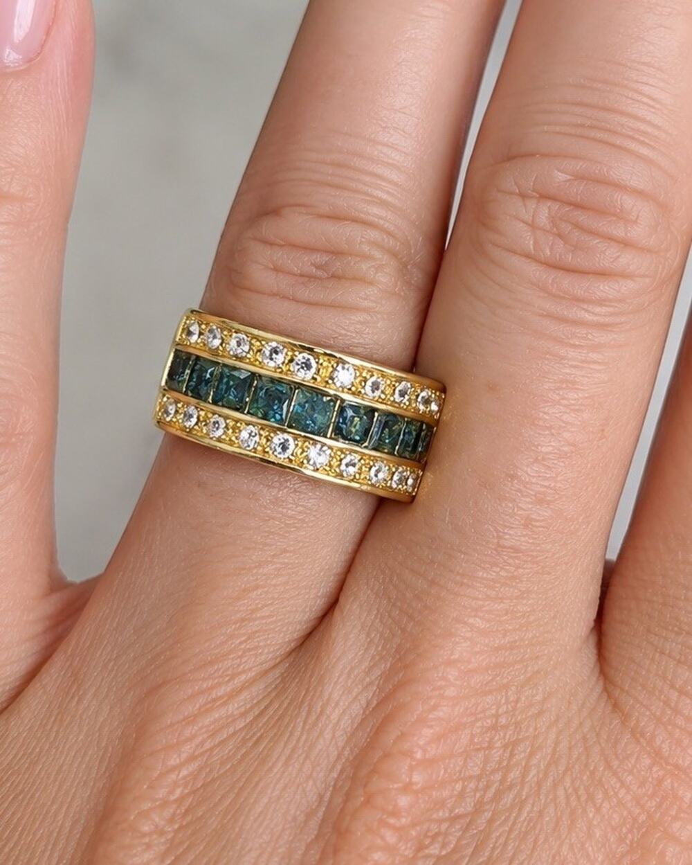 Lab Created Emerald Diamond 3 Row Ring Sz 8, Set In Gold Over Sterling Silver